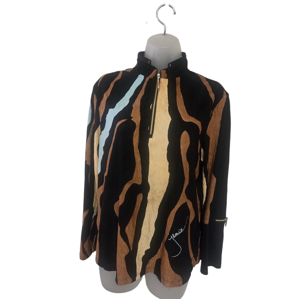 Jamie Sadock Womens Medium Quarter Zip Golf Top Abstract Print Long Sleeve Black